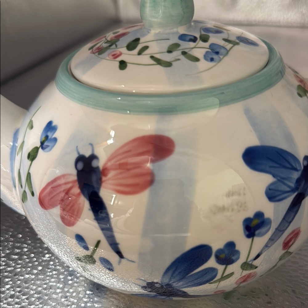 Vintage Hand Painted Floral Teapot with Dragonfly Design - Picture 3 of 8